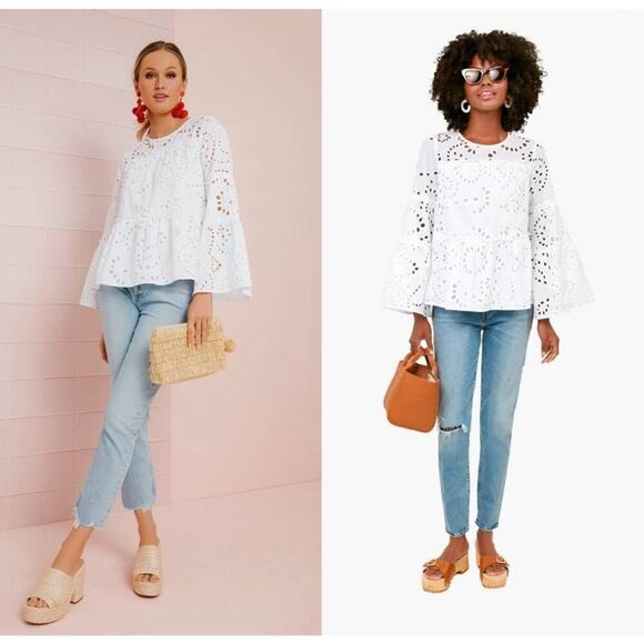 TUCKERNUCK Blouse Small Eloise Eyelet A-Line Silhouette Bell Sleeves Lined - Picture 2 of 15